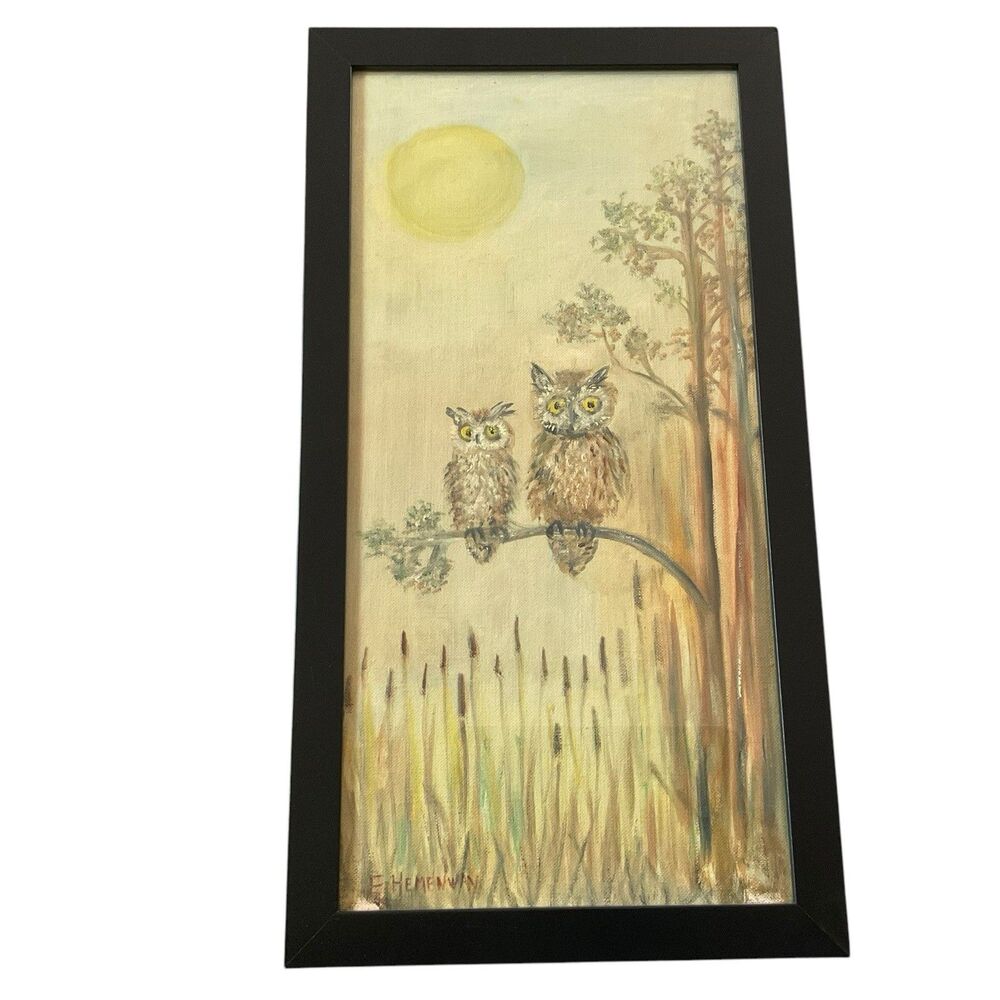 Pair Of Owls 1970s Original Acrylic Vintage Painting OOAK Signed Framed 9 X 17”